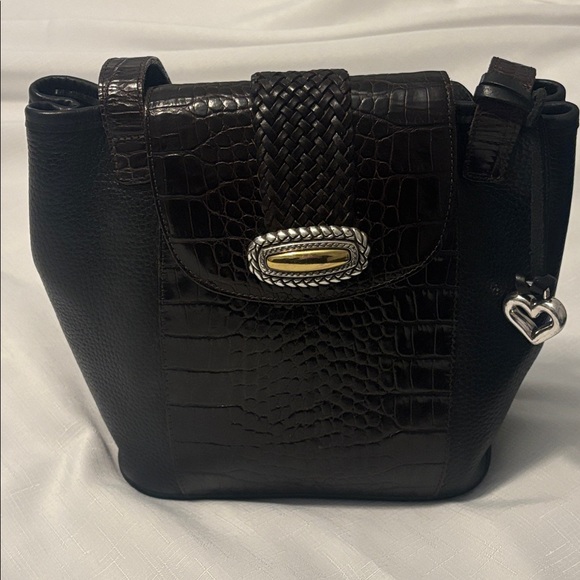 VTG Brighton Black Crocodile Print Brown Pebble Leather Bucket Tote Shoulder Bag - Picture 1 of 12